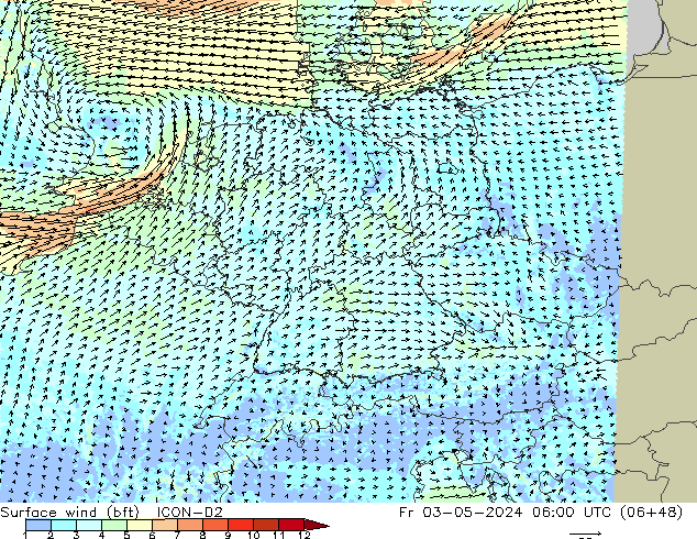 Rüzgar 10 m (bft) ICON-D2 Cu 03.05.2024 06 UTC
