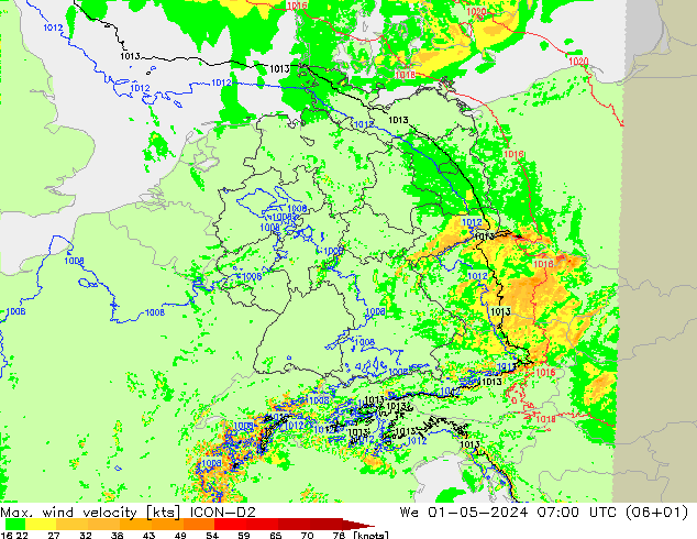 Max. wind velocity ICON-D2 Qua 01.05.2024 07 UTC