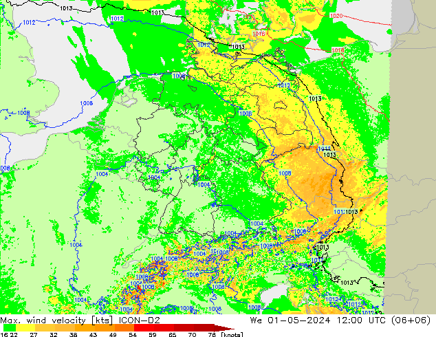 Max. wind velocity ICON-D2 mié 01.05.2024 12 UTC