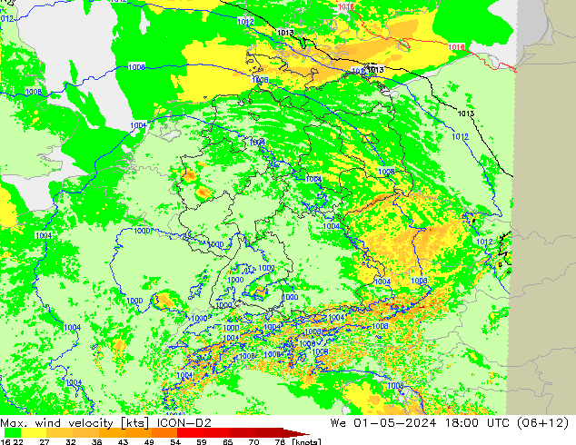 Max. wind snelheid ICON-D2 wo 01.05.2024 18 UTC