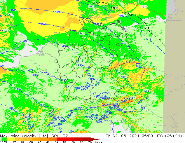 Max. wind velocity ICON-D2  02.05.2024 06 UTC