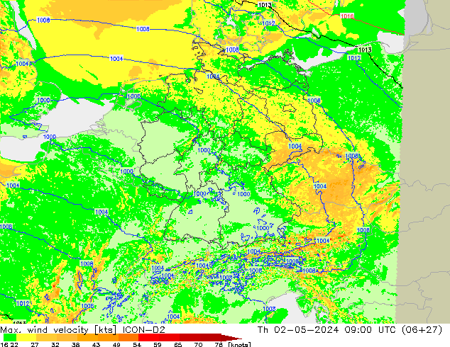 Max. wind velocity ICON-D2 Th 02.05.2024 09 UTC