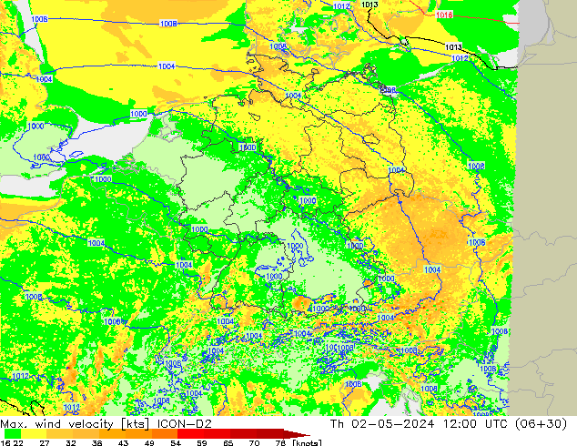 Max. wind velocity ICON-D2 Th 02.05.2024 12 UTC