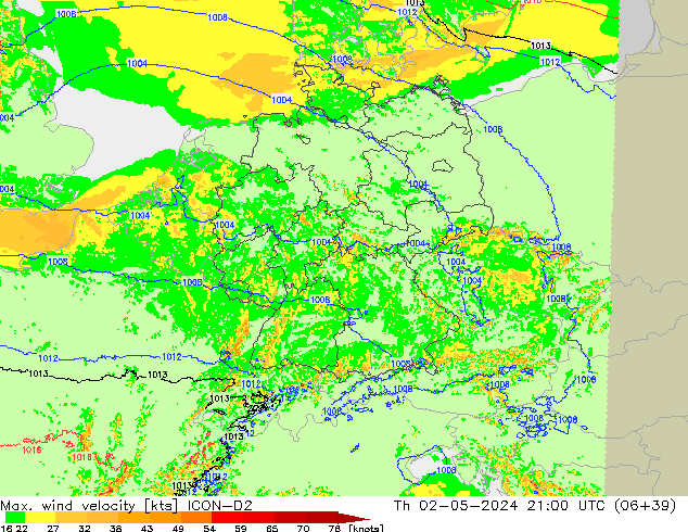 Max. wind velocity ICON-D2 czw. 02.05.2024 21 UTC