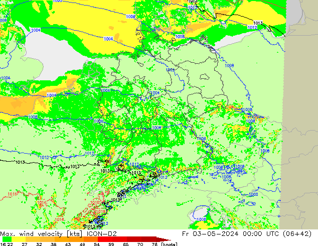 Maks. Rüzgar Hızı ICON-D2 Cu 03.05.2024 00 UTC