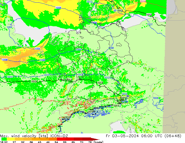 Maks. Rüzgar Hızı ICON-D2 Cu 03.05.2024 06 UTC