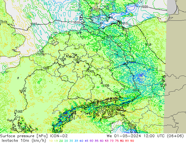 Isotachen (km/h) ICON-D2 Mi 01.05.2024 12 UTC