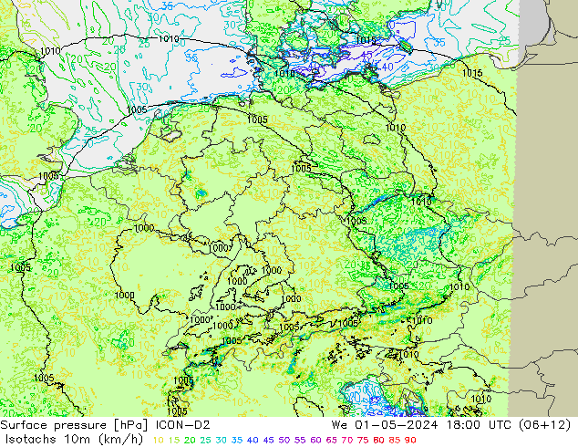 Isotachs (kph) ICON-D2  01.05.2024 18 UTC