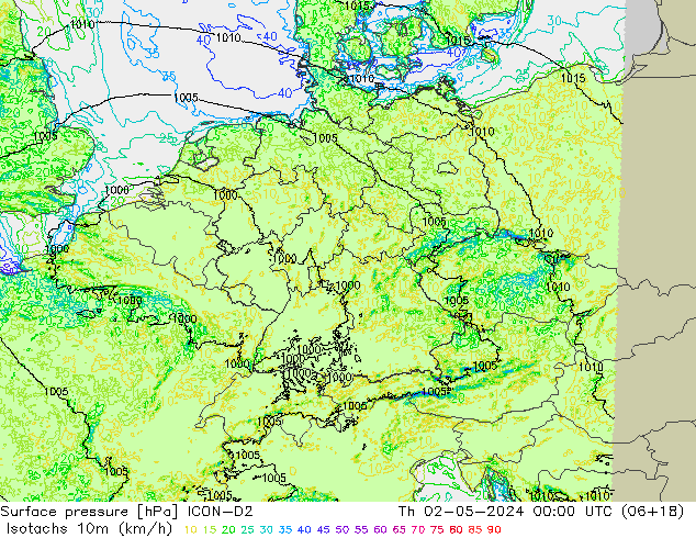 Isotachs (kph) ICON-D2  02.05.2024 00 UTC