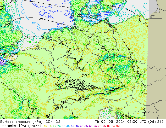 Isotachs (kph) ICON-D2 чт 02.05.2024 03 UTC