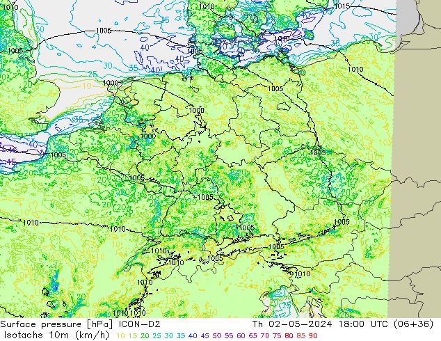 Isotachs (kph) ICON-D2  02.05.2024 18 UTC