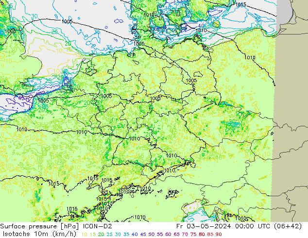 Isotachs (kph) ICON-D2 Fr 03.05.2024 00 UTC