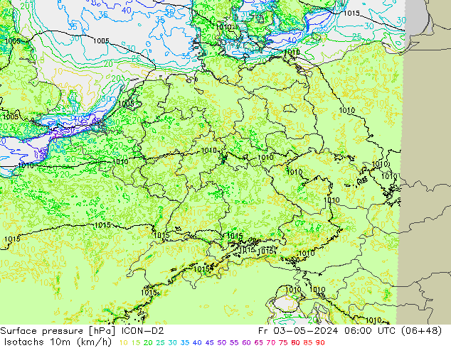 Isotachen (km/h) ICON-D2 Fr 03.05.2024 06 UTC