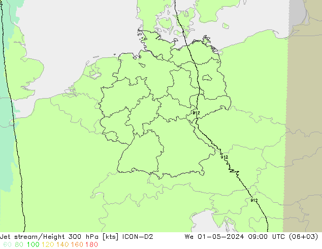 Prąd strumieniowy ICON-D2 śro. 01.05.2024 09 UTC