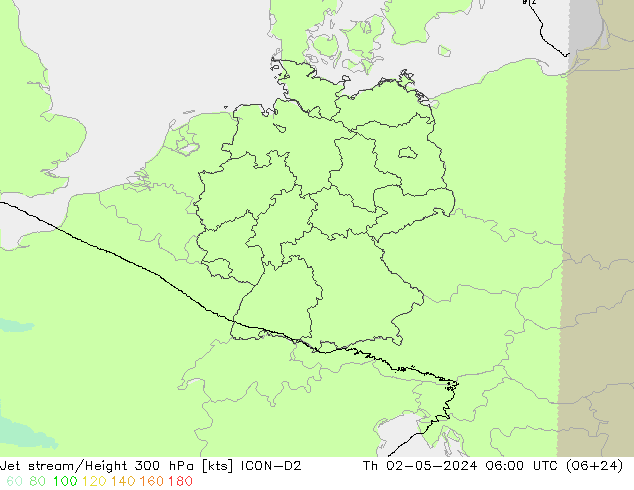 Jet stream/Height 300 hPa ICON-D2 Čt 02.05.2024 06 UTC