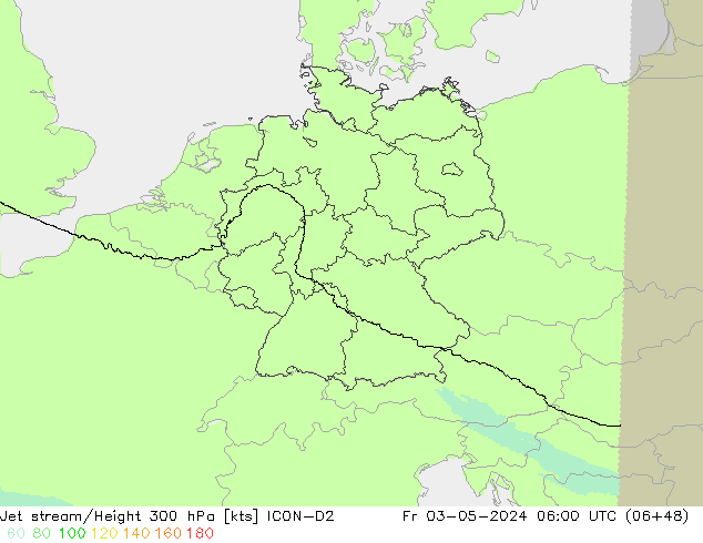 Corriente en chorro ICON-D2 vie 03.05.2024 06 UTC