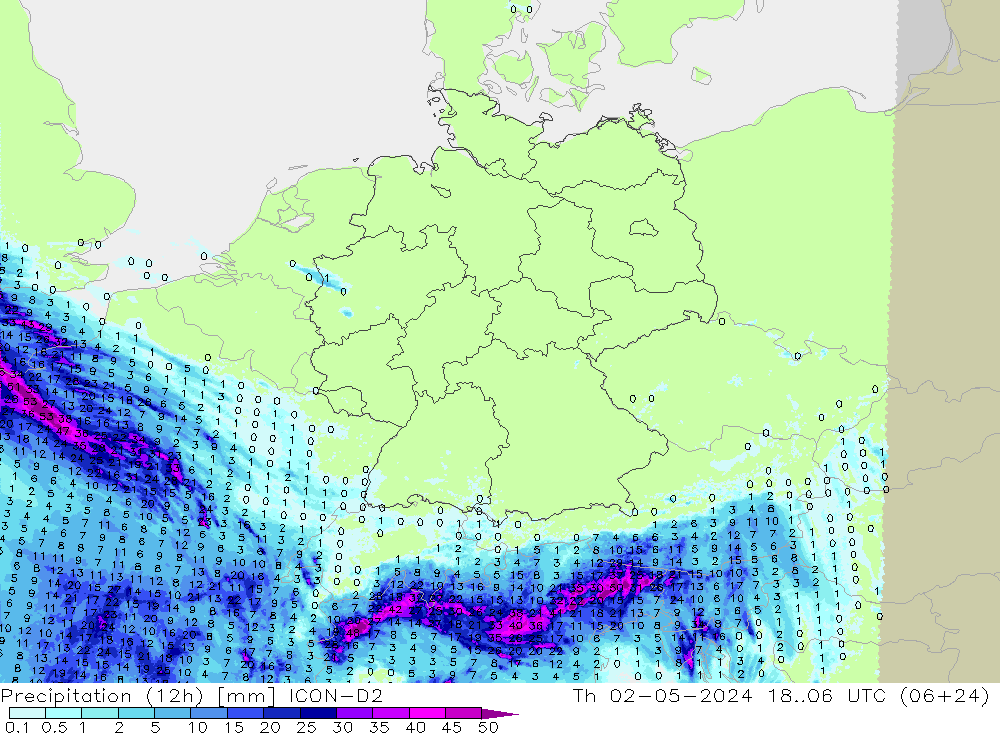 Precipitation (12h) ICON-D2 Th 02.05.2024 06 UTC