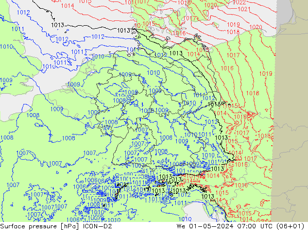 Surface pressure ICON-D2 We 01.05.2024 07 UTC