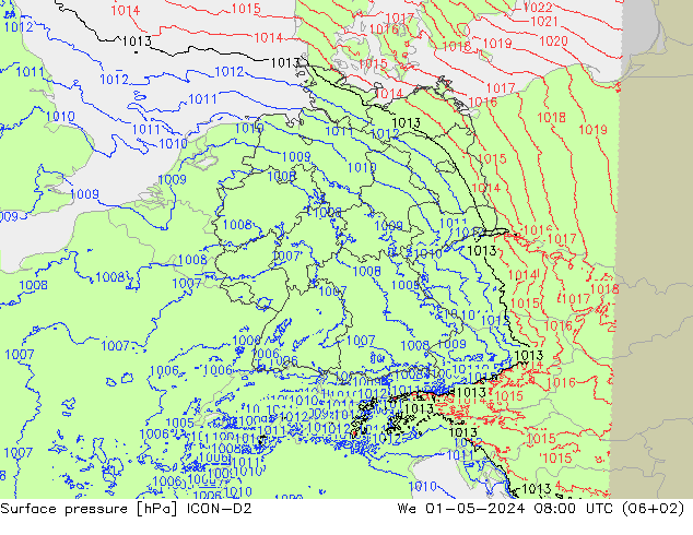 Luchtdruk (Grond) ICON-D2 wo 01.05.2024 08 UTC