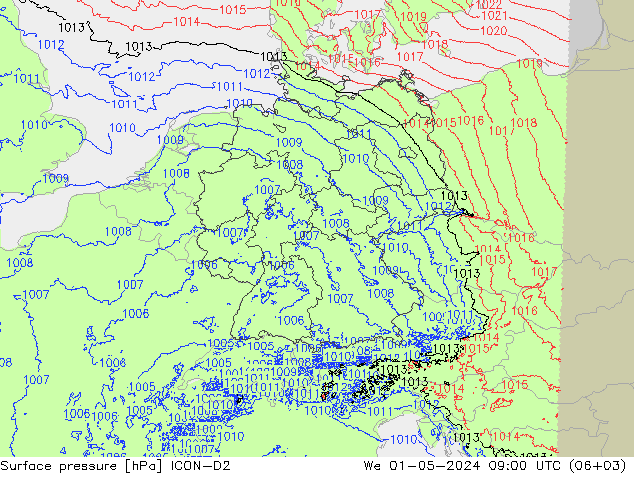 Pressione al suolo ICON-D2 mer 01.05.2024 09 UTC