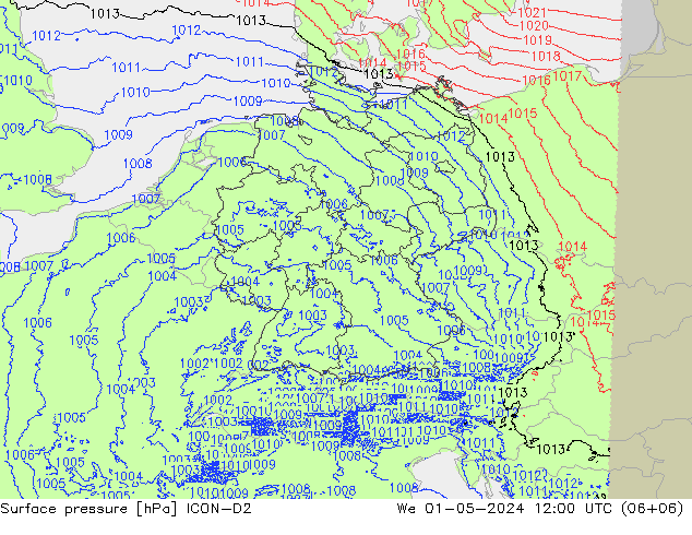 Surface pressure ICON-D2 We 01.05.2024 12 UTC