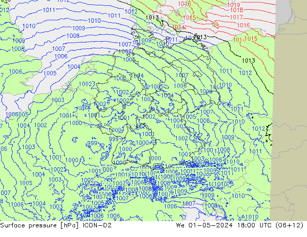 Surface pressure ICON-D2 We 01.05.2024 18 UTC