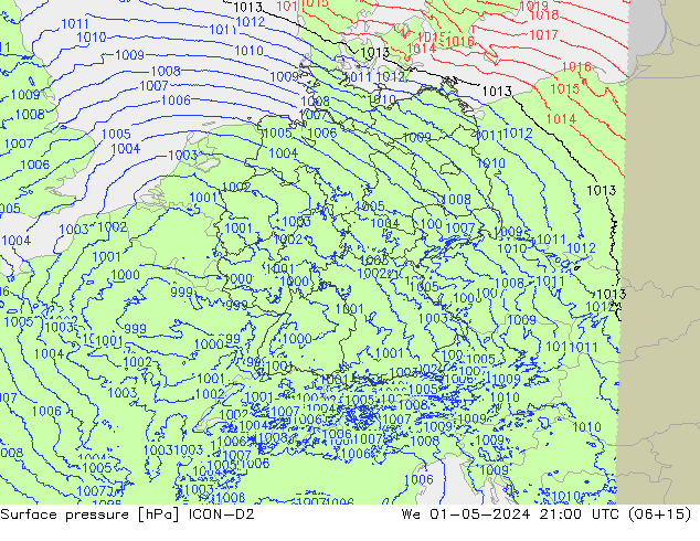 Atmosférický tlak ICON-D2 St 01.05.2024 21 UTC