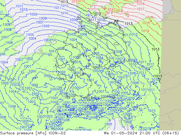 Pressione al suolo ICON-D2 mer 01.05.2024 21 UTC