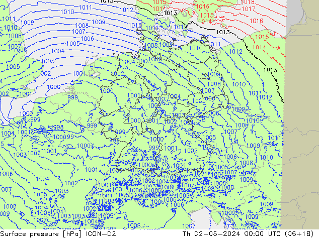 Surface pressure ICON-D2 Th 02.05.2024 00 UTC