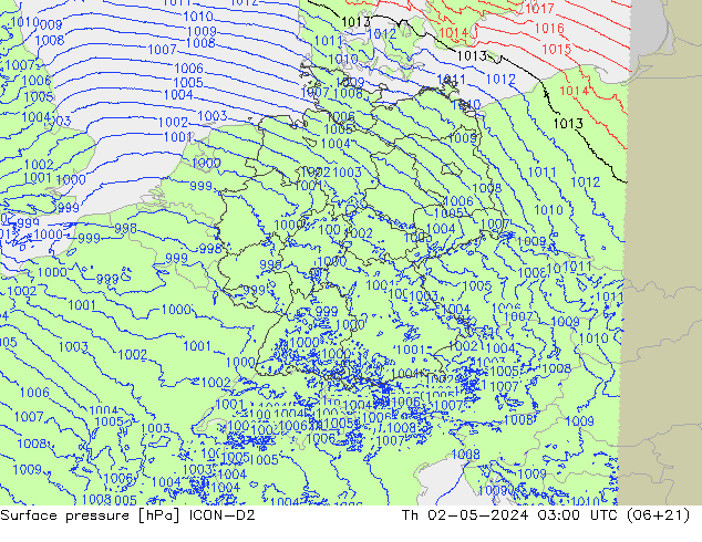 Surface pressure ICON-D2 Th 02.05.2024 03 UTC