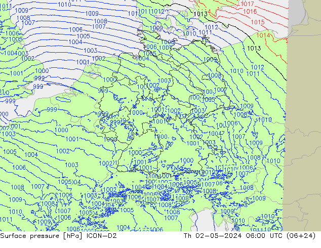 Pressione al suolo ICON-D2 gio 02.05.2024 06 UTC