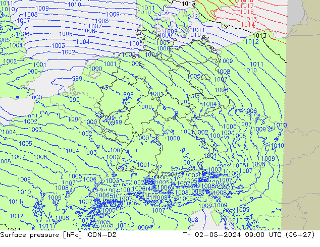 Atmosférický tlak ICON-D2 Čt 02.05.2024 09 UTC