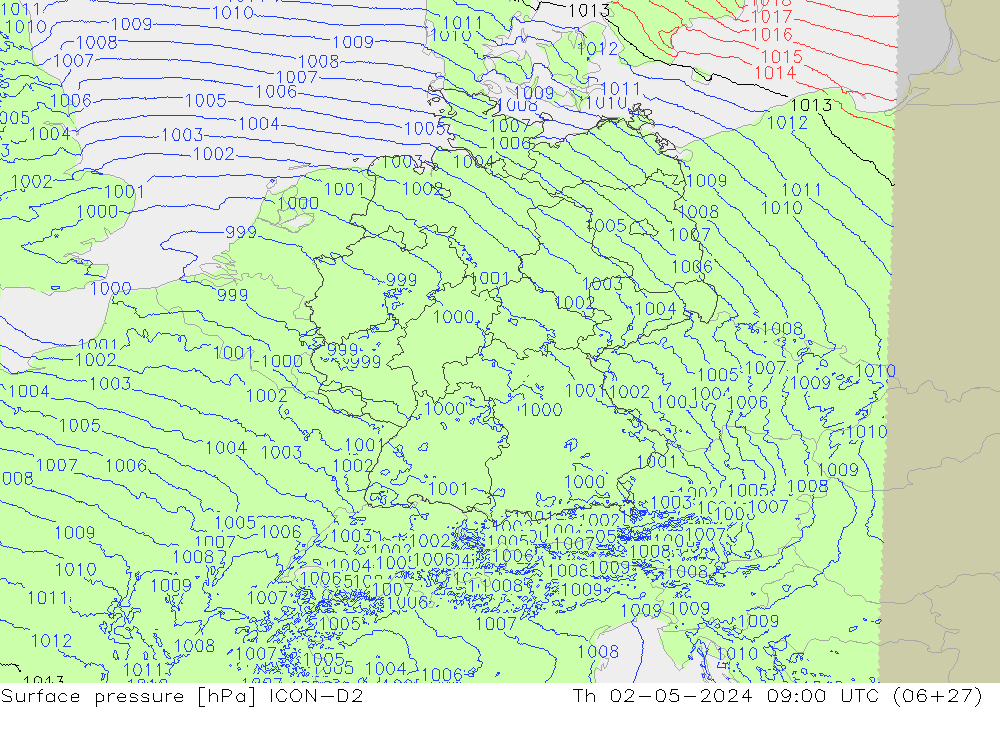 Presión superficial ICON-D2 jue 02.05.2024 09 UTC