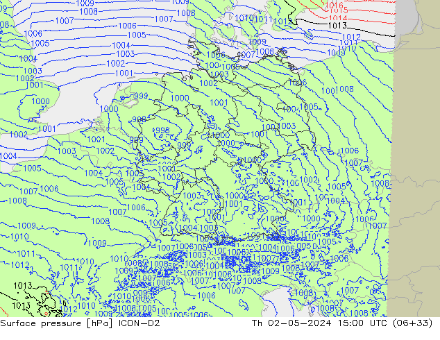 Surface pressure ICON-D2 Th 02.05.2024 15 UTC