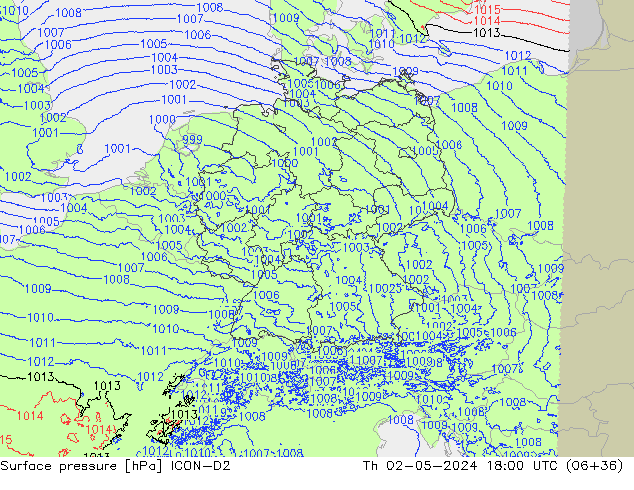 Pressione al suolo ICON-D2 gio 02.05.2024 18 UTC