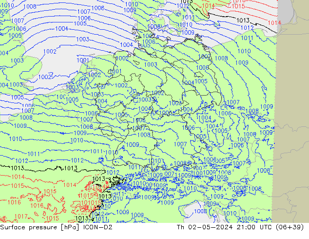 Surface pressure ICON-D2 Th 02.05.2024 21 UTC