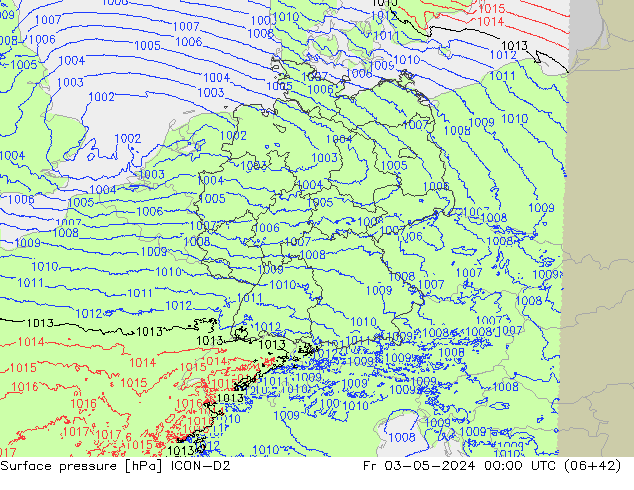Atmosférický tlak ICON-D2 Pá 03.05.2024 00 UTC