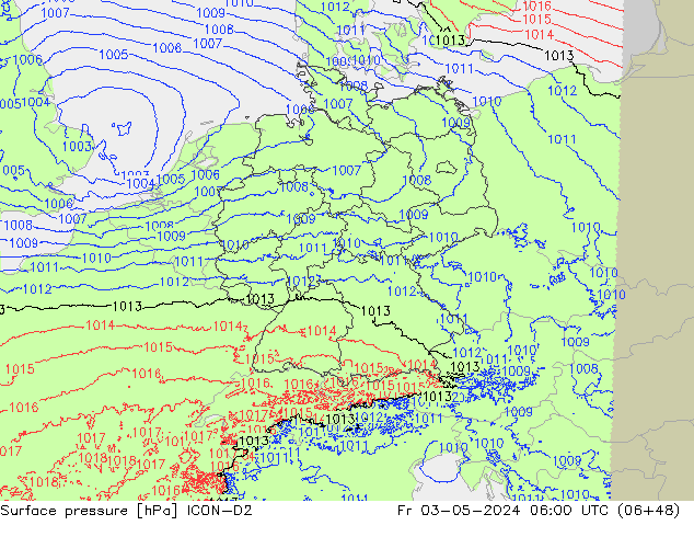 Atmosférický tlak ICON-D2 Pá 03.05.2024 06 UTC