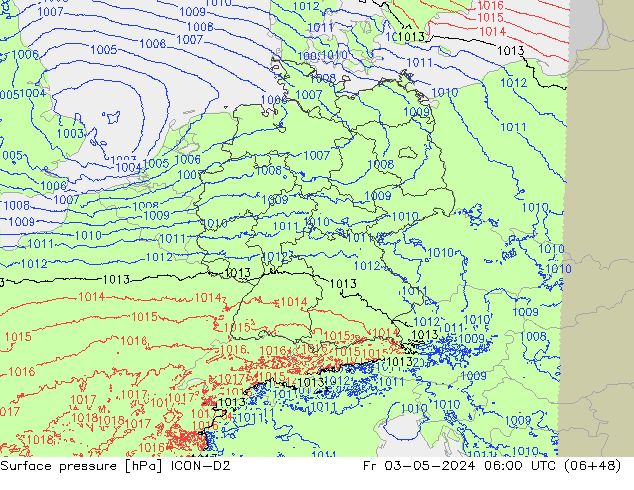 Pressione al suolo ICON-D2 ven 03.05.2024 06 UTC