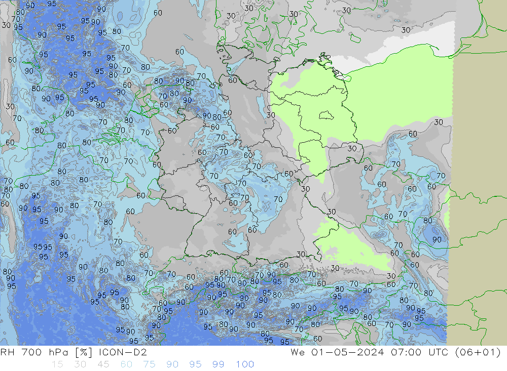 RH 700 hPa ICON-D2 St 01.05.2024 07 UTC