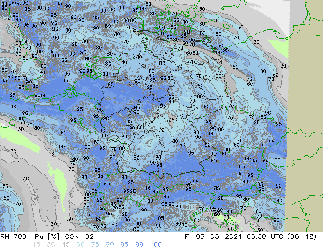 RH 700 hPa ICON-D2 Pá 03.05.2024 06 UTC