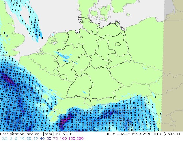 Precipitation accum. ICON-D2 Th 02.05.2024 02 UTC