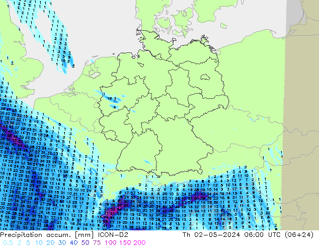 Precipitation accum. ICON-D2 Th 02.05.2024 06 UTC