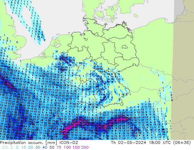 Precipitation accum. ICON-D2 Th 02.05.2024 18 UTC