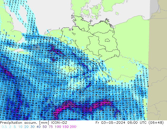 Precipitation accum. ICON-D2 Pá 03.05.2024 06 UTC