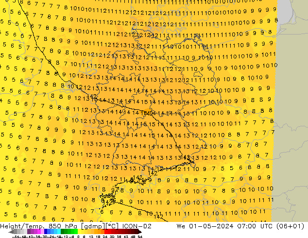 Height/Temp. 850 hPa ICON-D2 Qua 01.05.2024 07 UTC