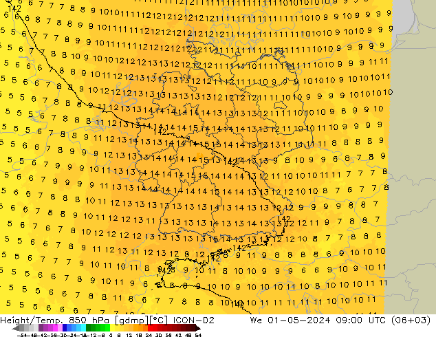 Height/Temp. 850 hPa ICON-D2 We 01.05.2024 09 UTC