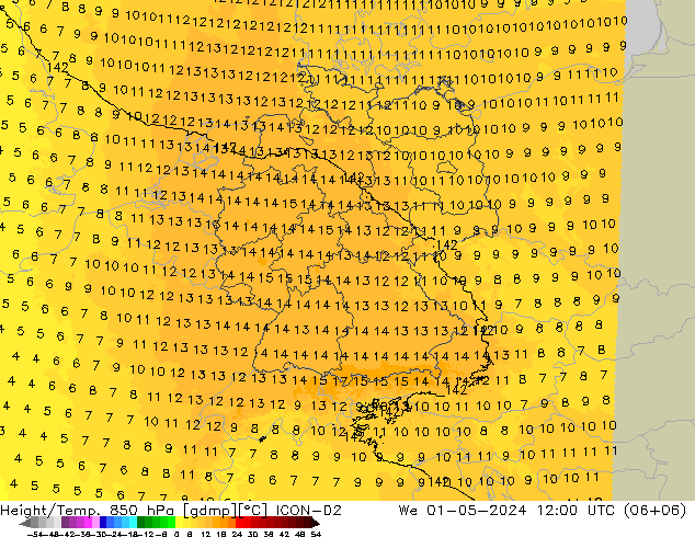 Height/Temp. 850 hPa ICON-D2  01.05.2024 12 UTC