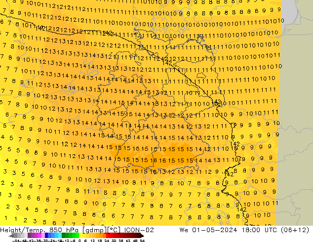 Height/Temp. 850 hPa ICON-D2  01.05.2024 18 UTC