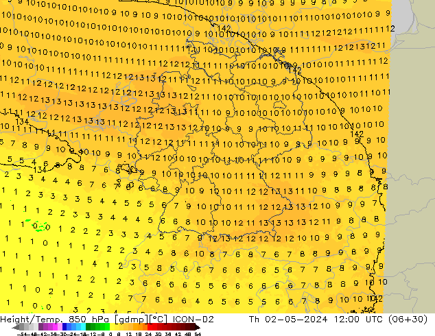 Hoogte/Temp. 850 hPa ICON-D2 do 02.05.2024 12 UTC